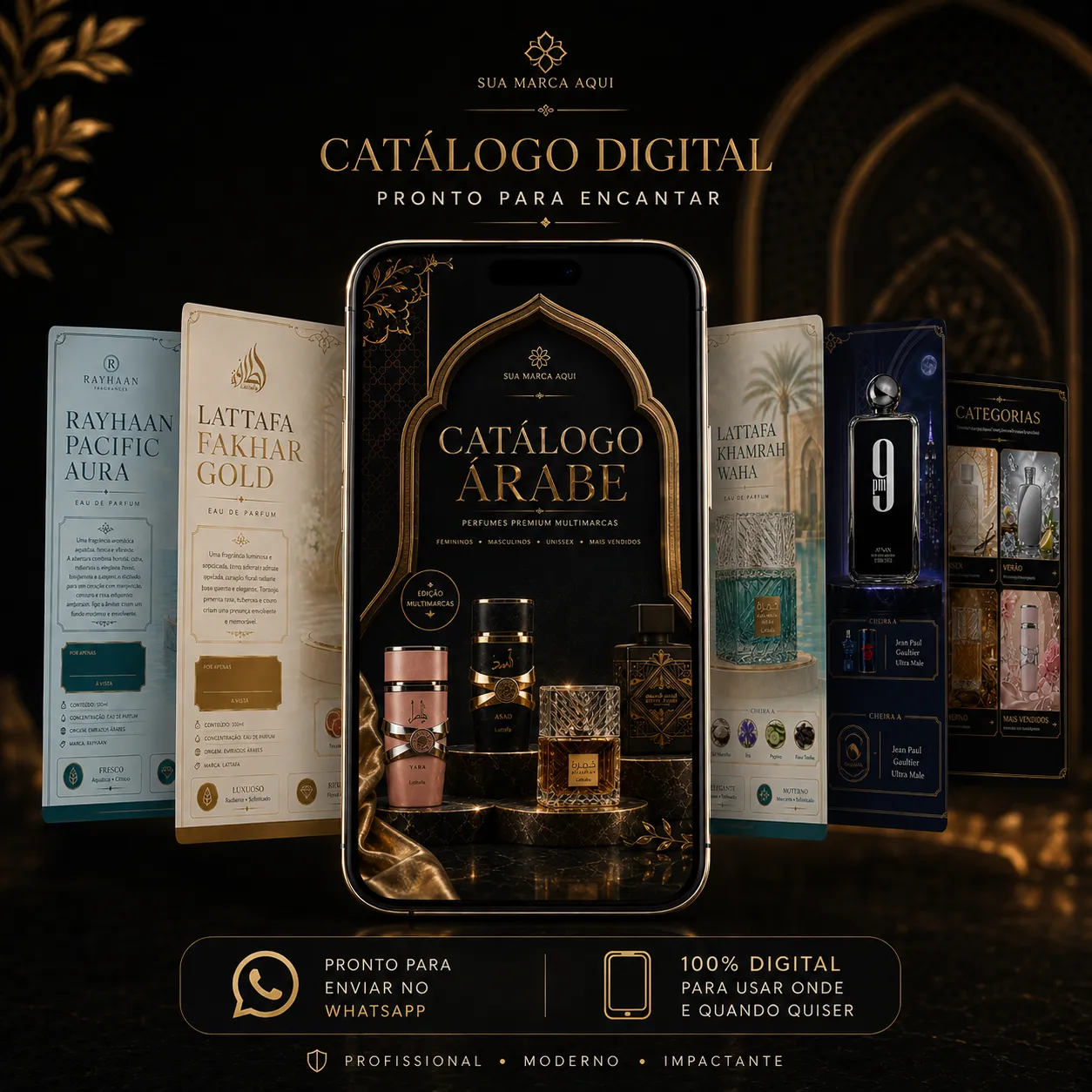 Mockup do catálogo completo de perfumes árabes